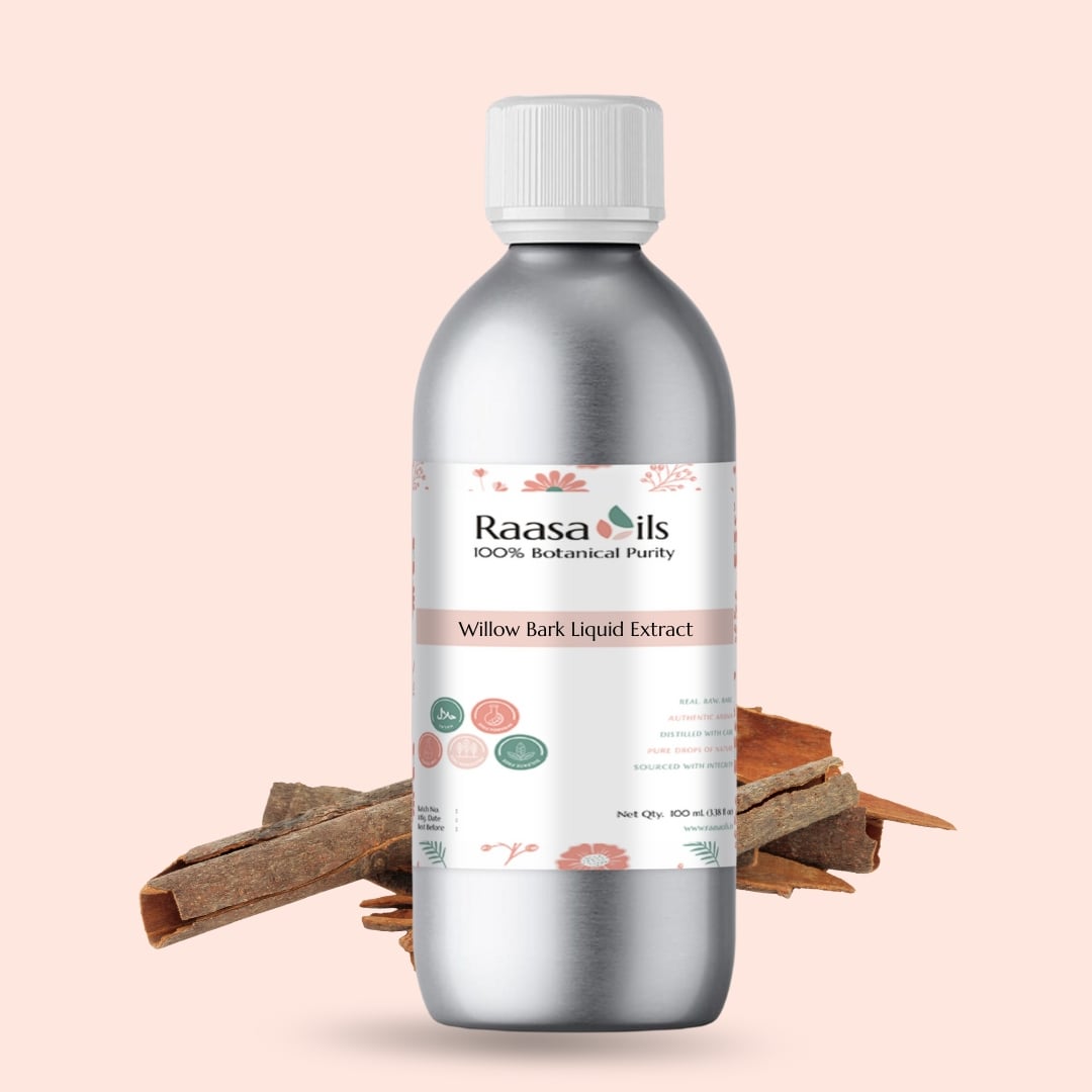 Bottle of Raasa Oils Willow Bark Liquid Extract on a light pink background