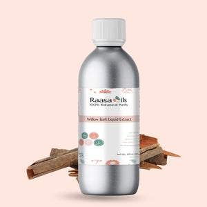 Bottle of Raasa Oils Willow Bark Liquid Extract on a light pink background