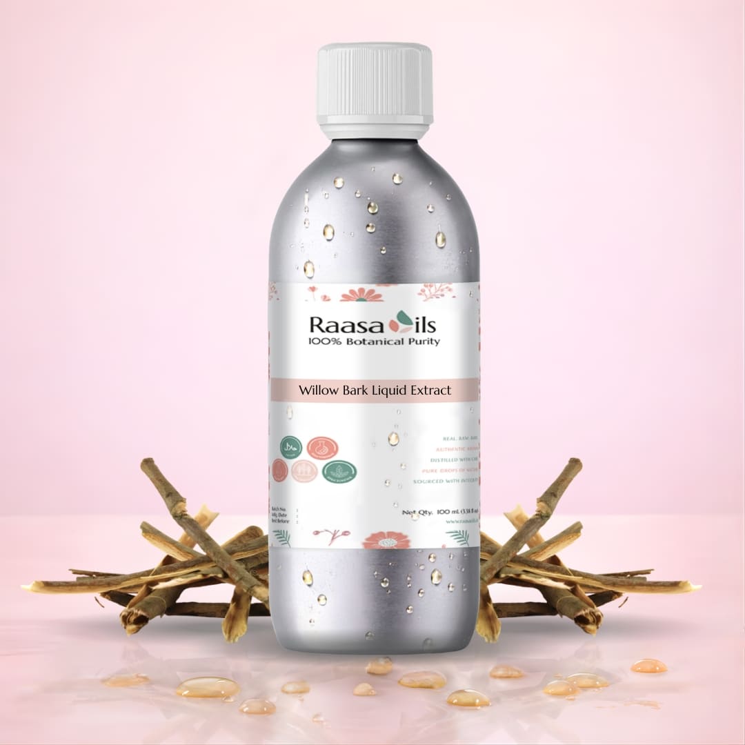 Bottle of Raasa Oils Willow Bark Liquid Extract on a pink background with dried herbs.