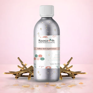 Bottle of Raasa Oils Willow Bark Liquid Extract on a pink background with dried herbs.
