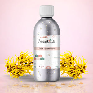 Raasa Oils bottle with yellow flowers on a pink background