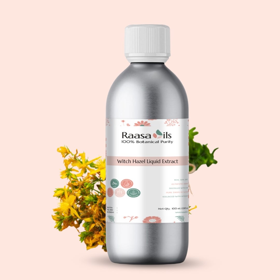 Bottle of Raasa Oils Witch Hazel Liquid Extract with flowers on a light pink background