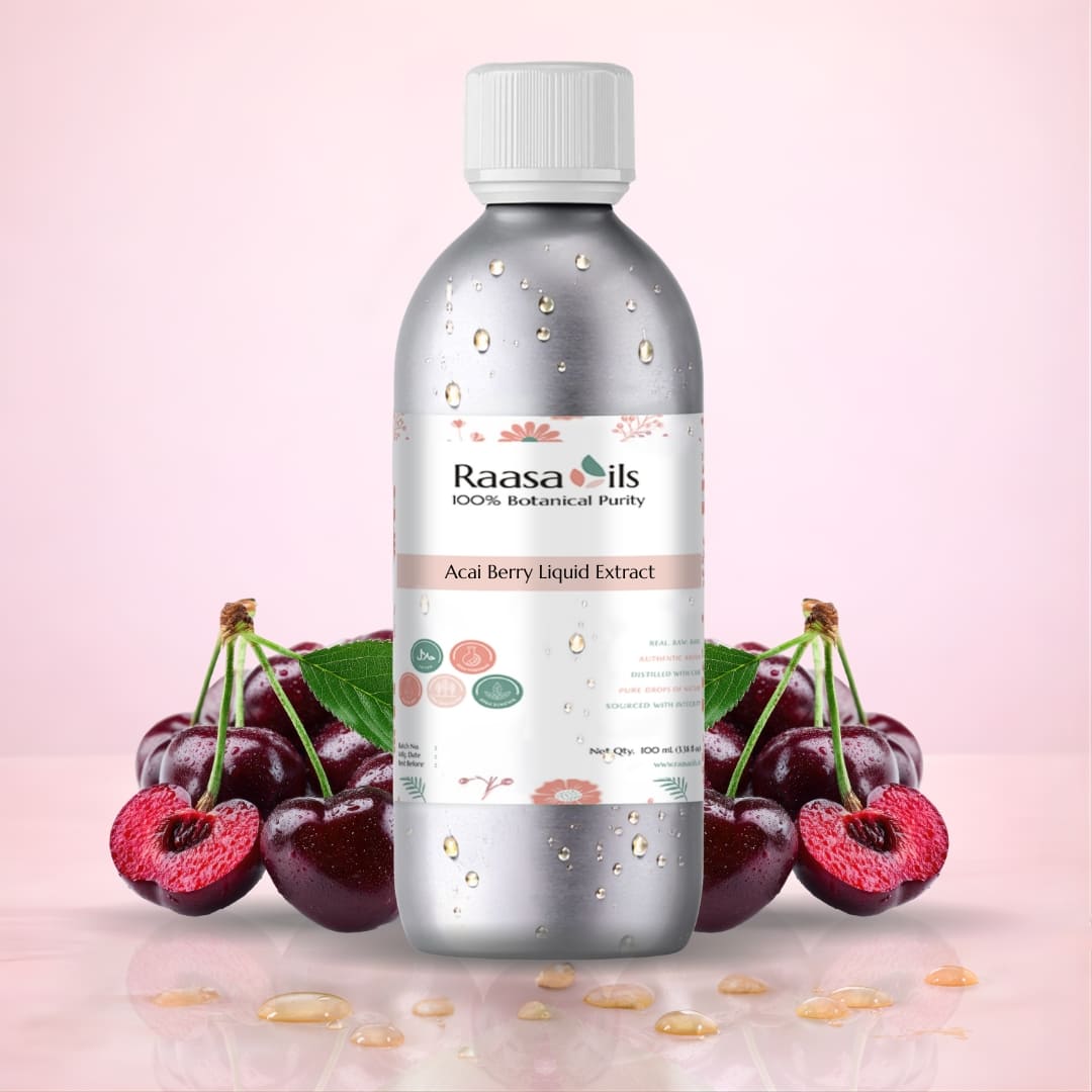 Bottle of Raasa Oils Acai Berry Liquid Extract with a pink background and cherries.