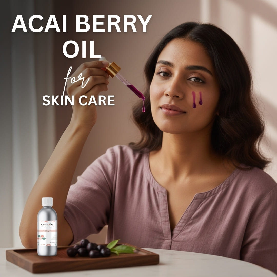 Woman applying acai berry oil to her face with text 'ACAI BERRY OIL for SKIN CARE'.