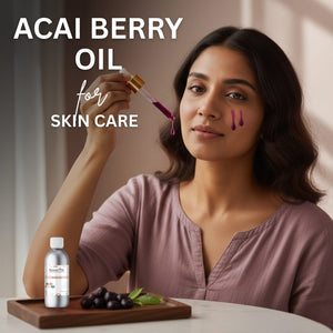 Woman applying acai berry oil to her face with text 'ACAI BERRY OIL for SKIN CARE'.