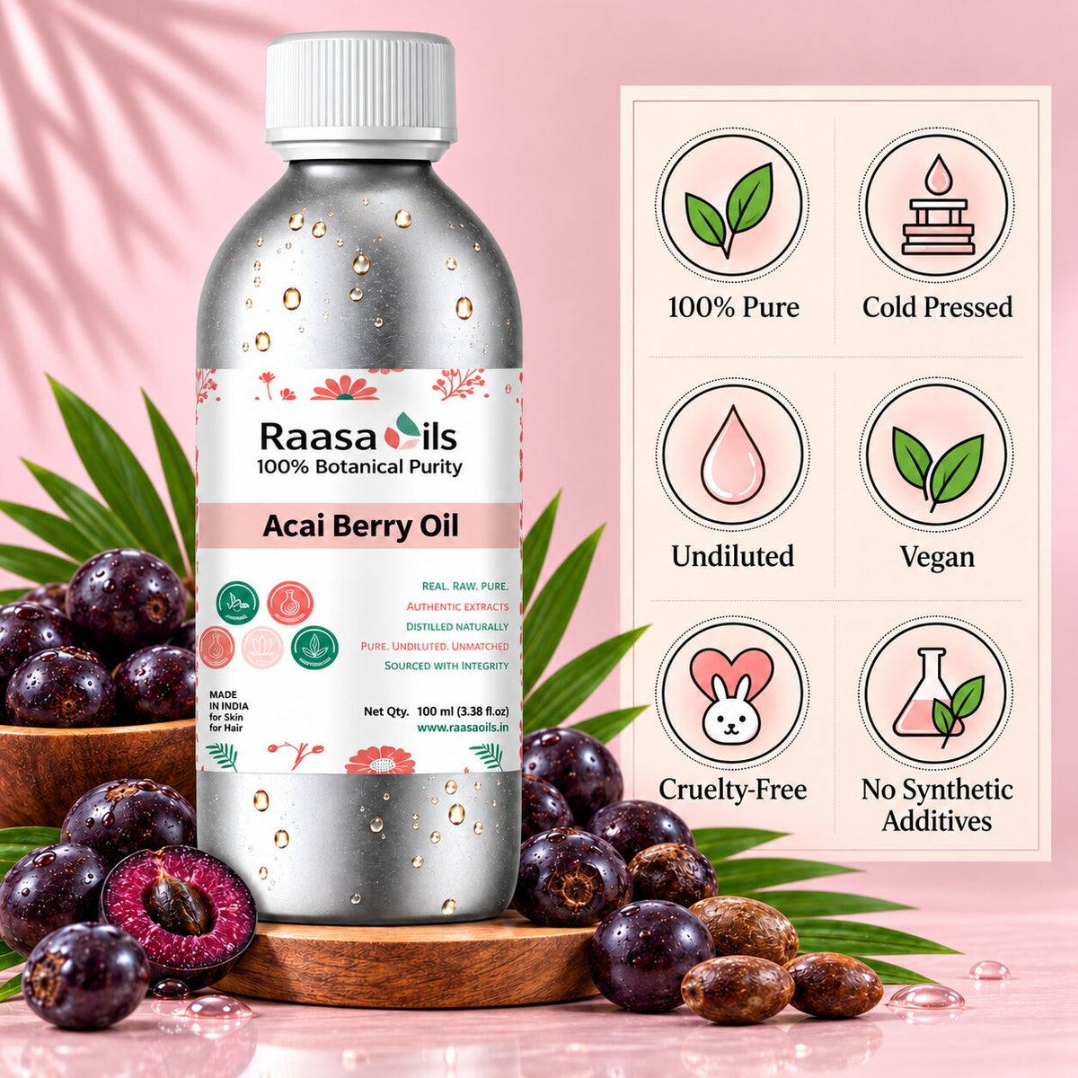 A bottle of Raasa Oils Acai Berry Oil centered on a pink background with aoditions of acai berries and leaves. A graphic panel on the right lists product benefits including 100% Pure, Cold Pressed, Undiluted, Vegan, Cruelty-Free, and No Synthetic Additives.