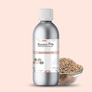Raasa Oils Alwain Fragrance Oil bottle with a bowl of Ajwain seeds on a beige background
