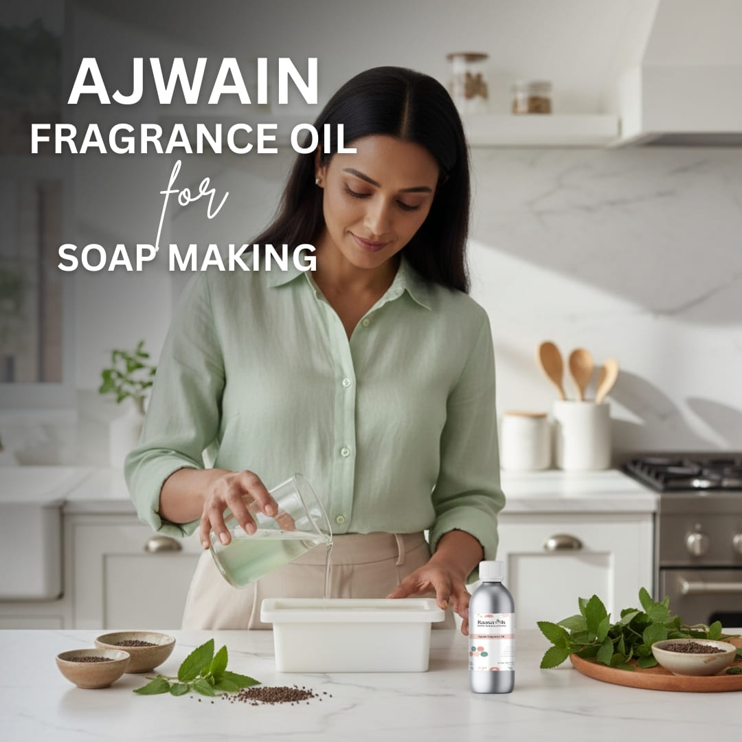 Woman in a kitchen preparing soap with Ajwain fragrance oil, text overlay.