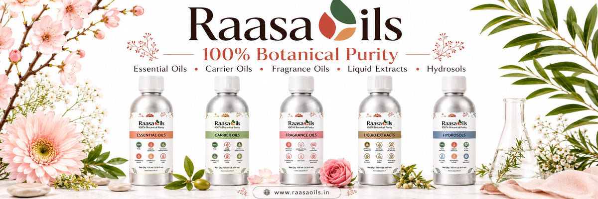 Raasa Oils 100% Botanical Purity banner featuring five bottles of essential and fragrance oils, surrounded by botanical illustrations of flowers, leaves, and a beaker on a white background.