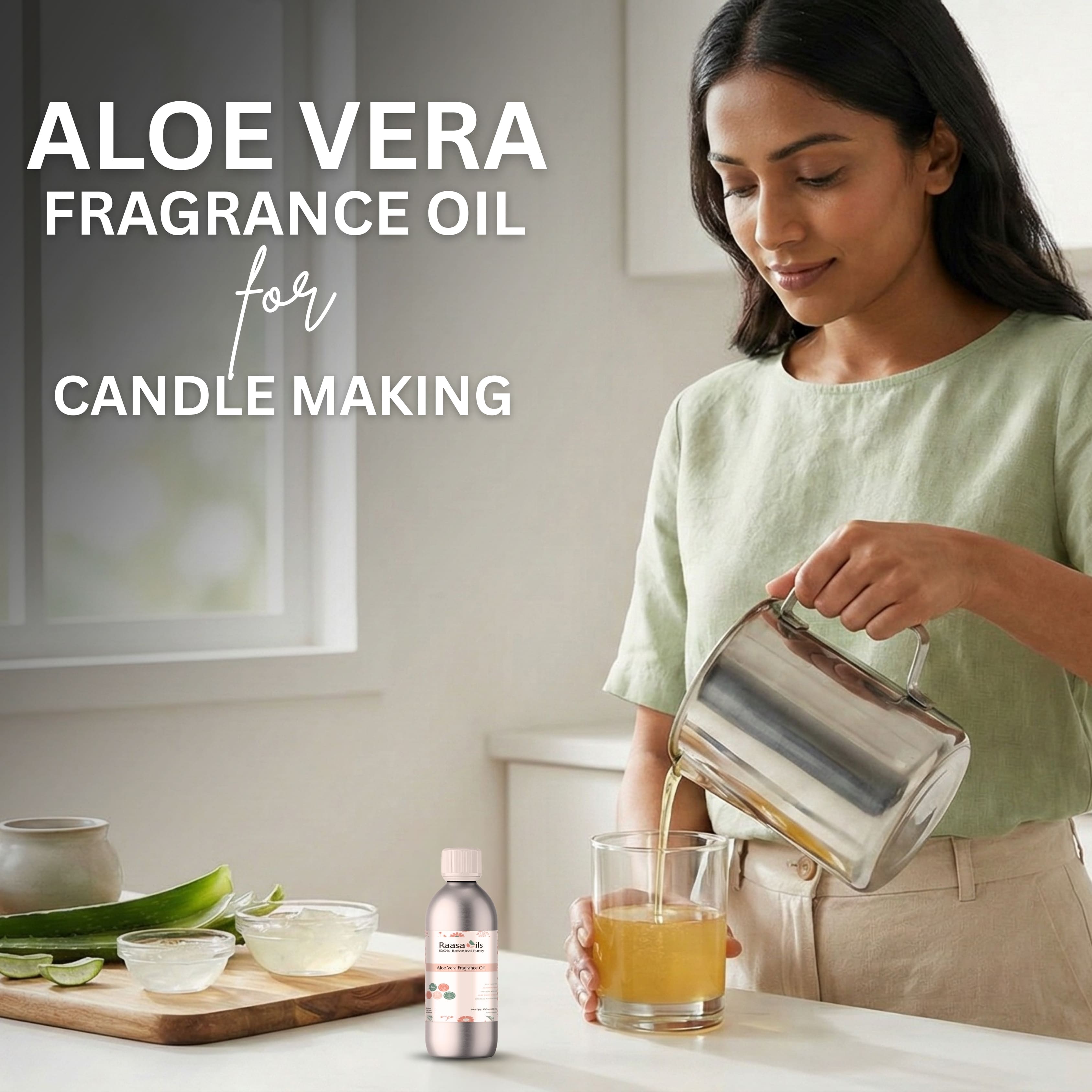Woman pouring a liquid into a glass with text about aloe vera fragrance oil for candle making.