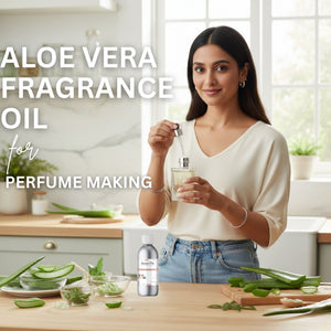 Woman holding a bottle of aloe vera fragrance oil in a kitchen setting with text about aloe vera fragrance oil for perfume making.
