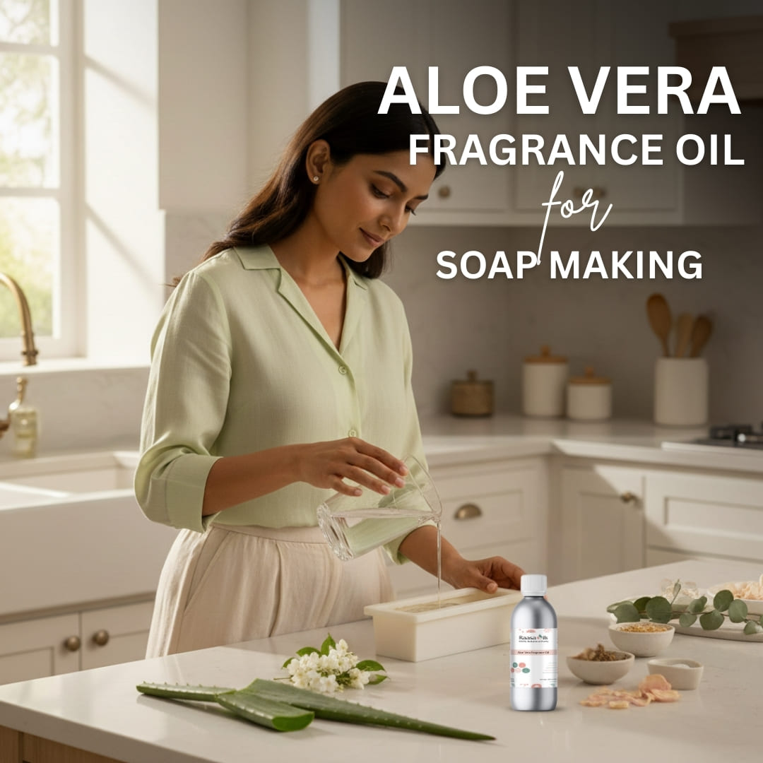 Woman in a kitchen preparing soap with aloe vera and fragrance oil, text 'Aloe Vera Fragrance Oil for Soap Making' displayed.