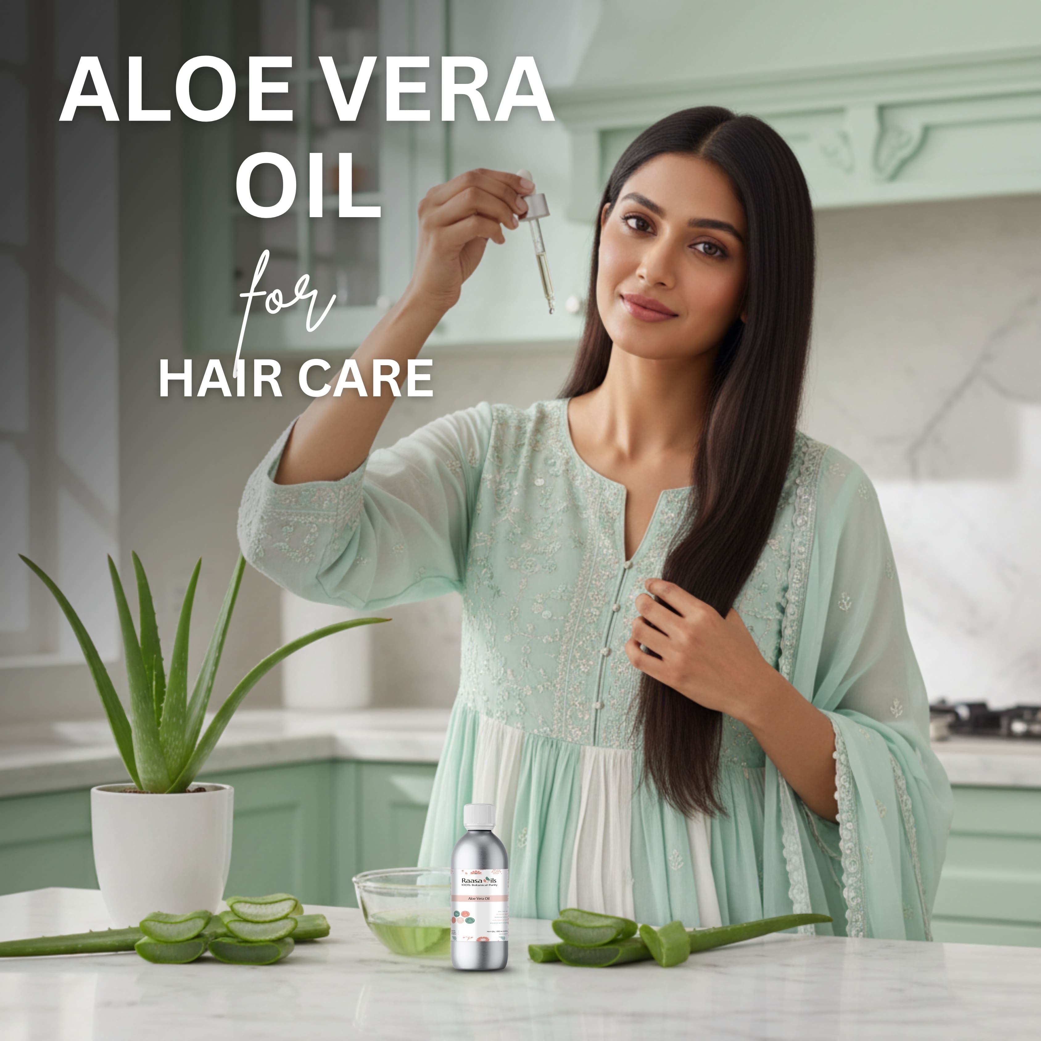 Woman using aloe vera oil for hair care with text 'Aloe Vera Oil for Hair Care' in a kitchen setting.