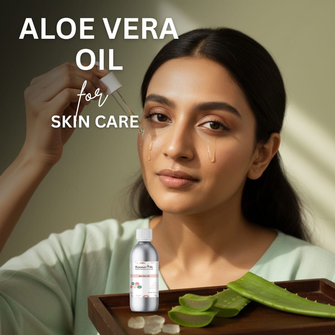 Woman applying aloe vera oil to her face with text 'Aloe Vera Oil for Skin Care' on a neutral background.