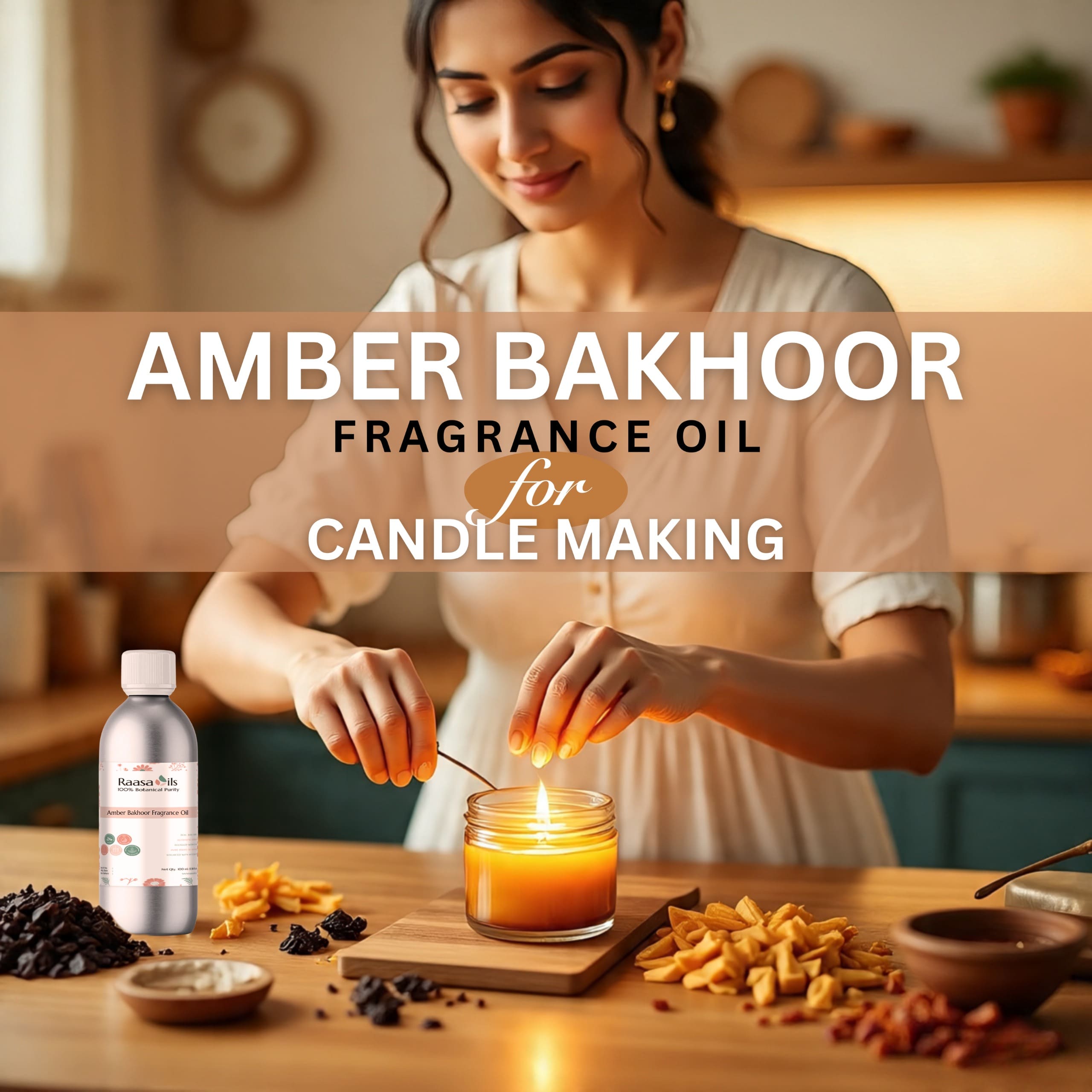 Woman making a candle with Amber Bakhoor fragrance oil in a kitchen setting