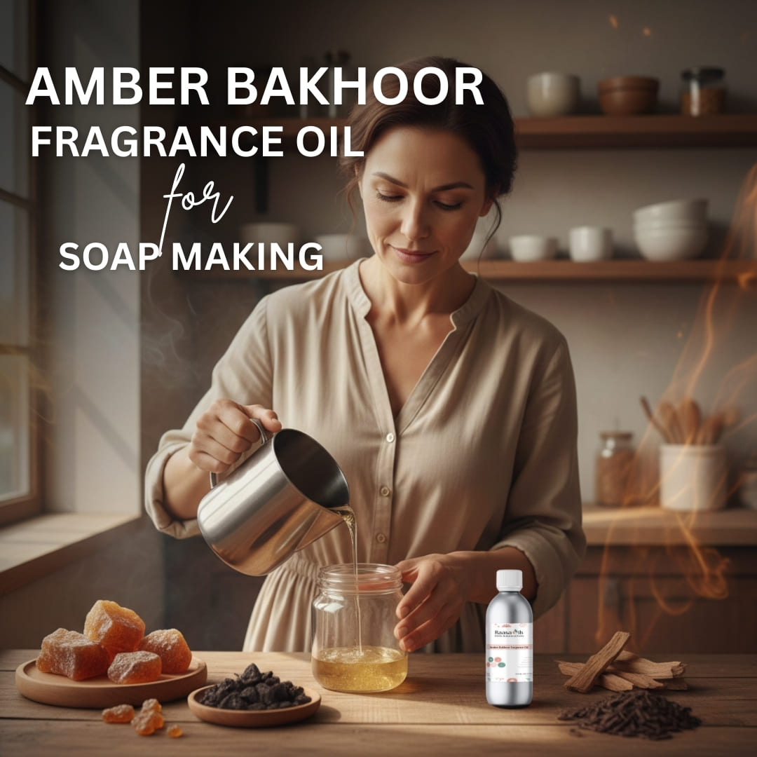 Woman pouring liquid into a jar with amber bakhoor and soap-making ingredients on a wooden table.