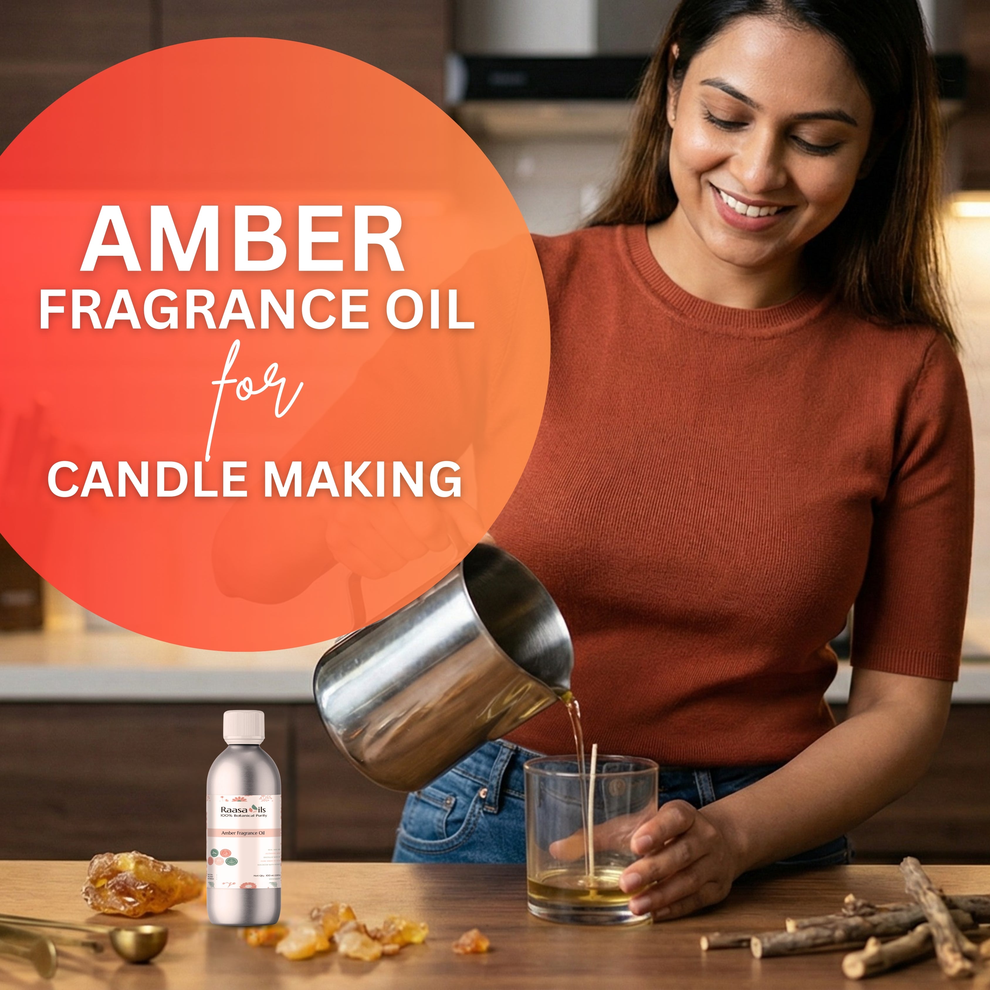 Woman pouring amber fragrance oil into a glass with text about amber fragrance oil for candle making.
