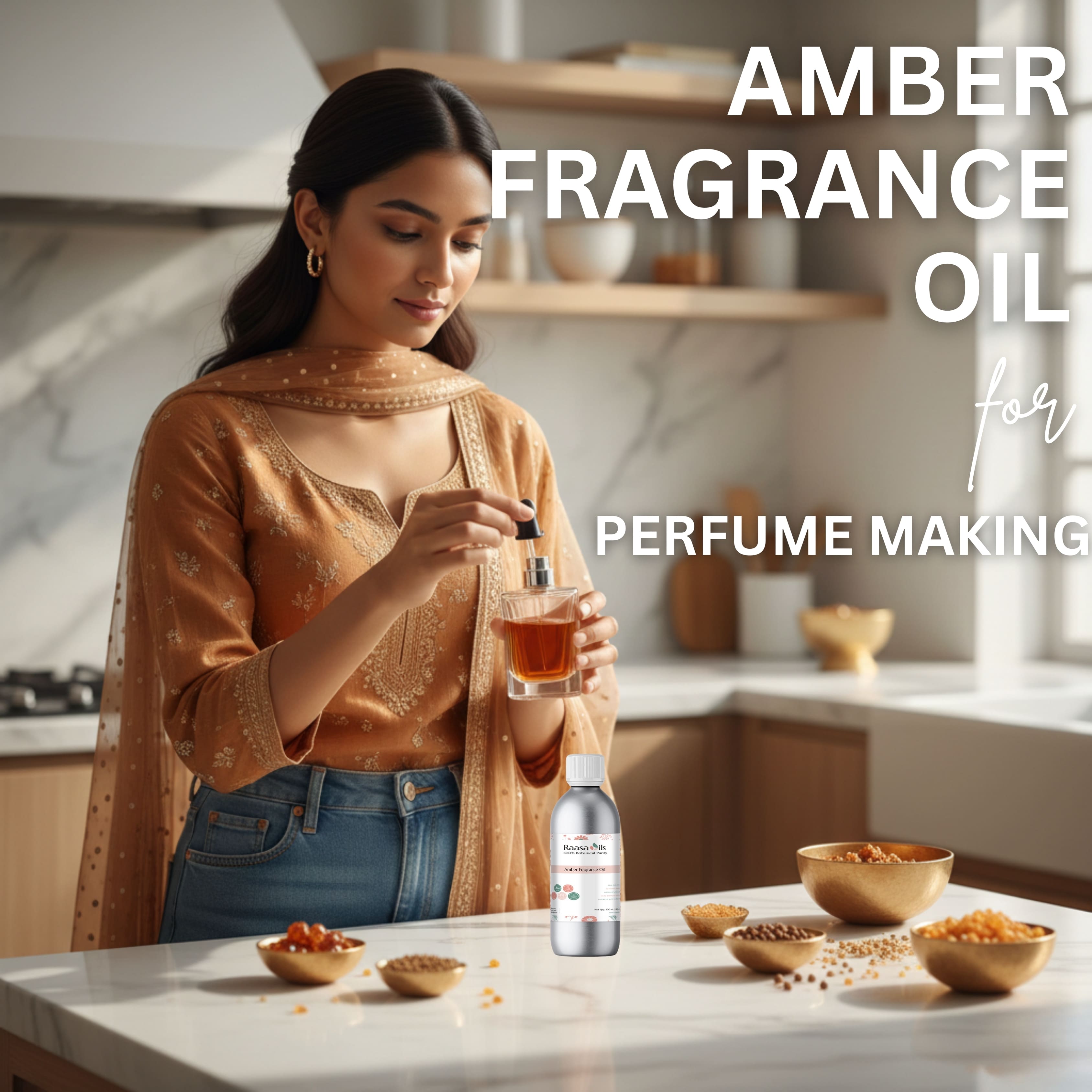 Woman holding a bottle of amber fragrance oil with ingredients on a kitchen counter.