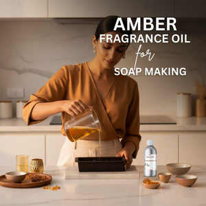Woman pouring amber fragrance oil into a soap mold with 'Amber Fragrance Oil for Soap Making' text.