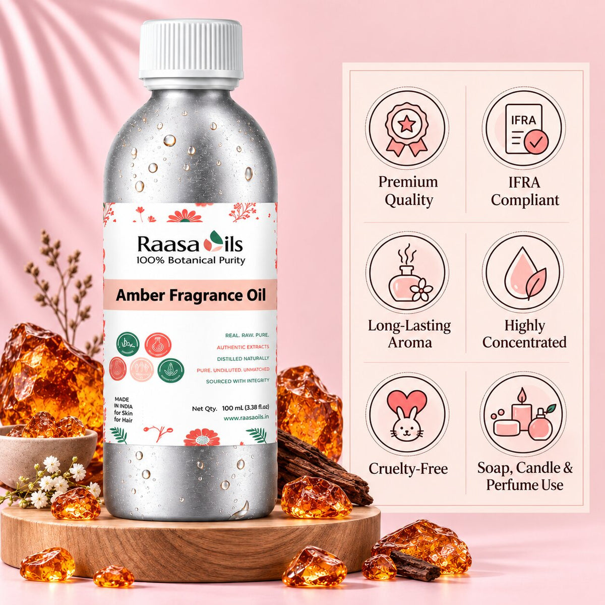A bottle of Raasa Oils Amber Fragrance Oil displayed on a wooden stand with amber crystals, next to an infographic detailing product features on a pink background.