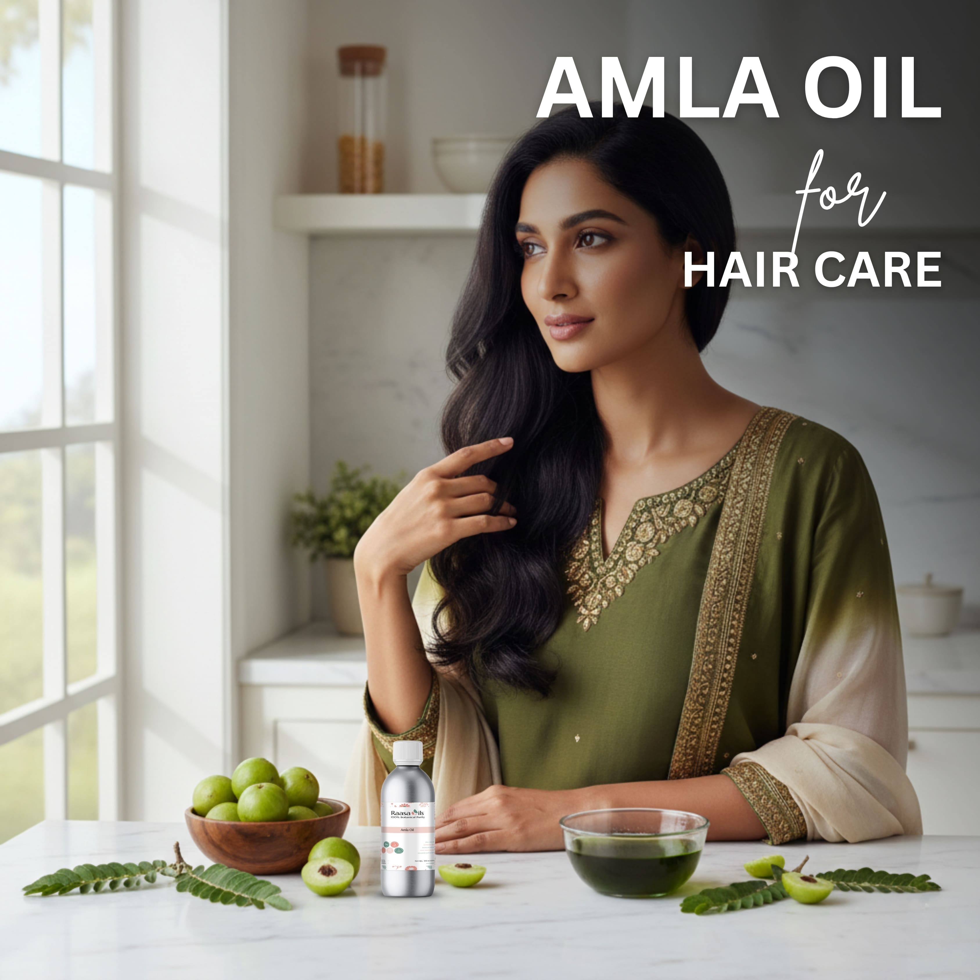Woman with long black hair in a kitchen setting with Amla oil products and fruits.