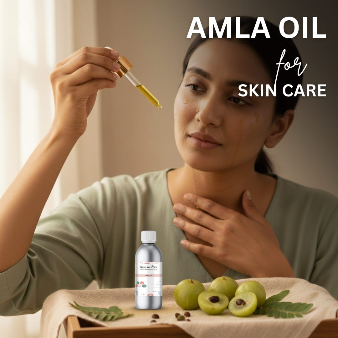 Woman holding a dropper with Amla oil and Amla berries on a table.