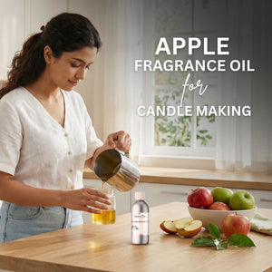Woman pouring liquid into a jar with text about apple fragrance oil for candle making.