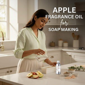 Woman in a kitchen with apple fragrance oil for soap making