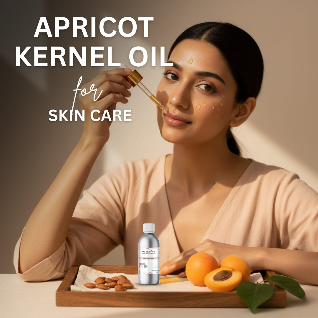 Woman applying apricot kernel oil to her face with a dropper, surrounded by apricots and oil bottle on a wooden tray.