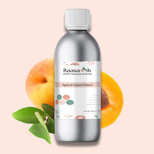 Bottle of Raasa Apricot Liquid Extract with apricots and leaves on a light pink background