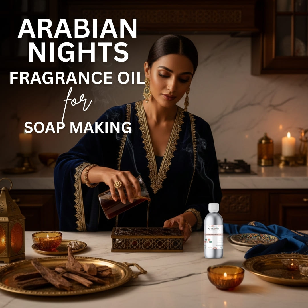 Woman in traditional attire with Arabian Nights fragrance oil for soap making.