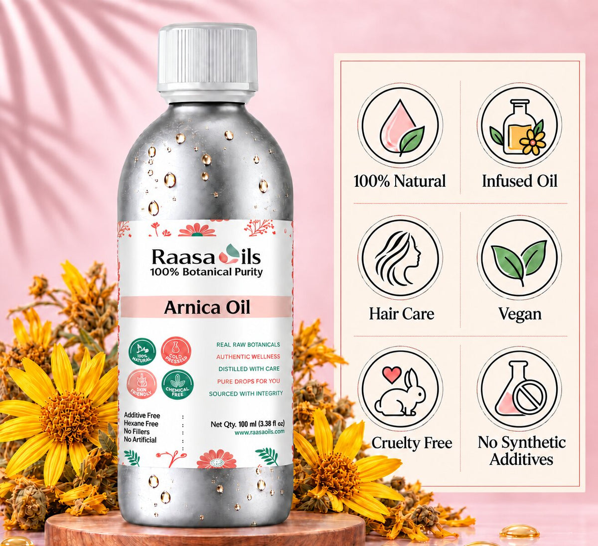 A bottle of Raasa oils Arnica Oil displayed on a wooden pedestal with yellow flowers, next to a graphic card detailing product benefits such as '100% Natural', 'Infused Oil', 'Hair Care', 'Vegan', 'Cruelty Free', and 'No Synthetic Additives'.