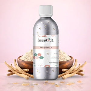 Raasa Oils bottle with ashwagandha powder and roots on a pink background