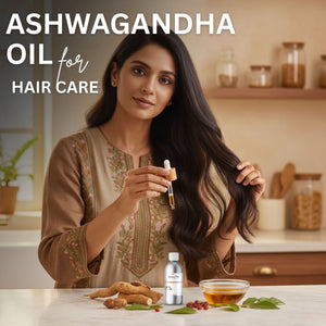 Woman with long hair holding a bottle of Ashwagandha oil for hair care in a kitchen setting.