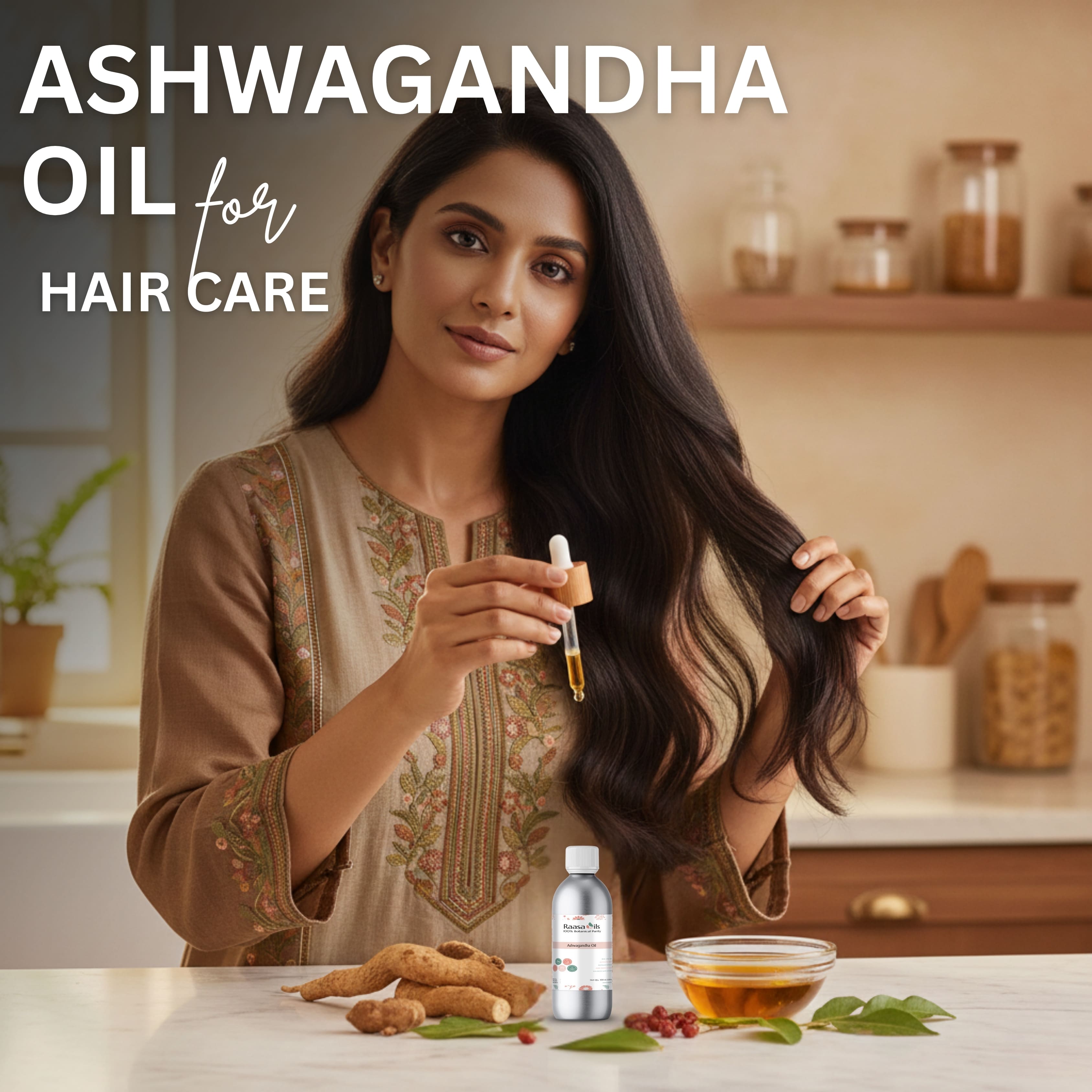 Woman with long hair holding a bottle of Ashwagandha oil for hair care in a kitchen setting.