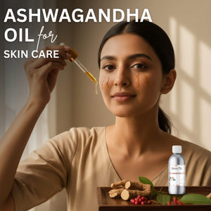 Woman applying Ashwagandha oil to her face with a dropper, surrounded by Ashwagandha roots and berries.