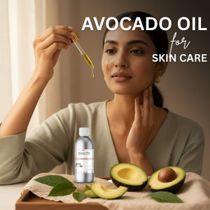 Woman with avocado oil dropper and avocado halves, promoting avocado oil for skin care.