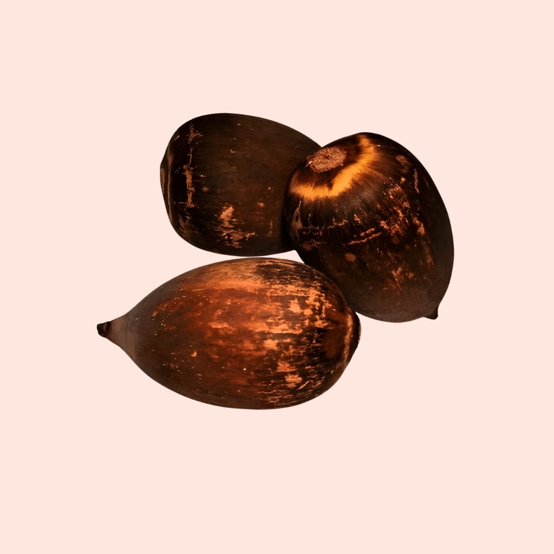Three coconuts on a beige background