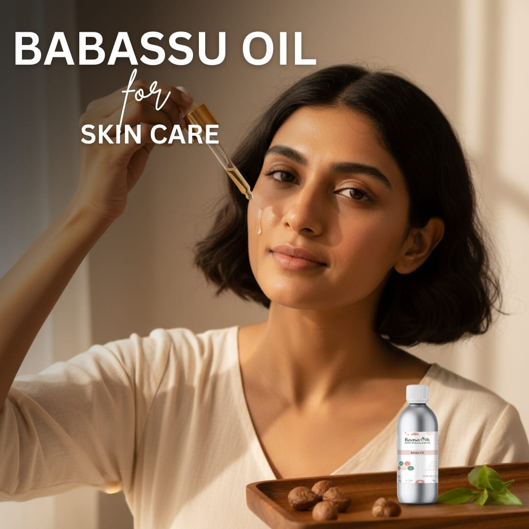 Woman applying babassu oil to her face with a dropper, surrounded by babassu nuts and a bottle of oil.