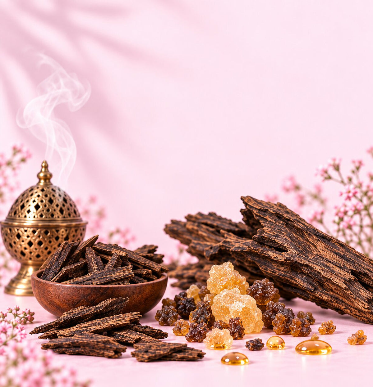 A styled product shot of natural incense ingredients, including dark brown incense sticks, a large piece of incense log, amber resin crystals, and a brass incense burner with rising smoke, arranged on a pink background with soft floral accents.