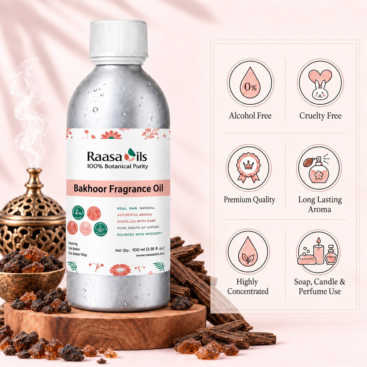 A bottle of Raasa Oils Bakhoor Fragrance Oil displayed on a wooden stand with dried spices and a brass incense burner, next to a graphic panel highlighting product benefits like 'Alcohol Free', 'Cruelty Free', and 'Premium Quality'.