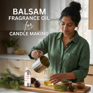 Woman pouring balsam fragrance oil into a jar with text about balsam fragrance oil for candle making.