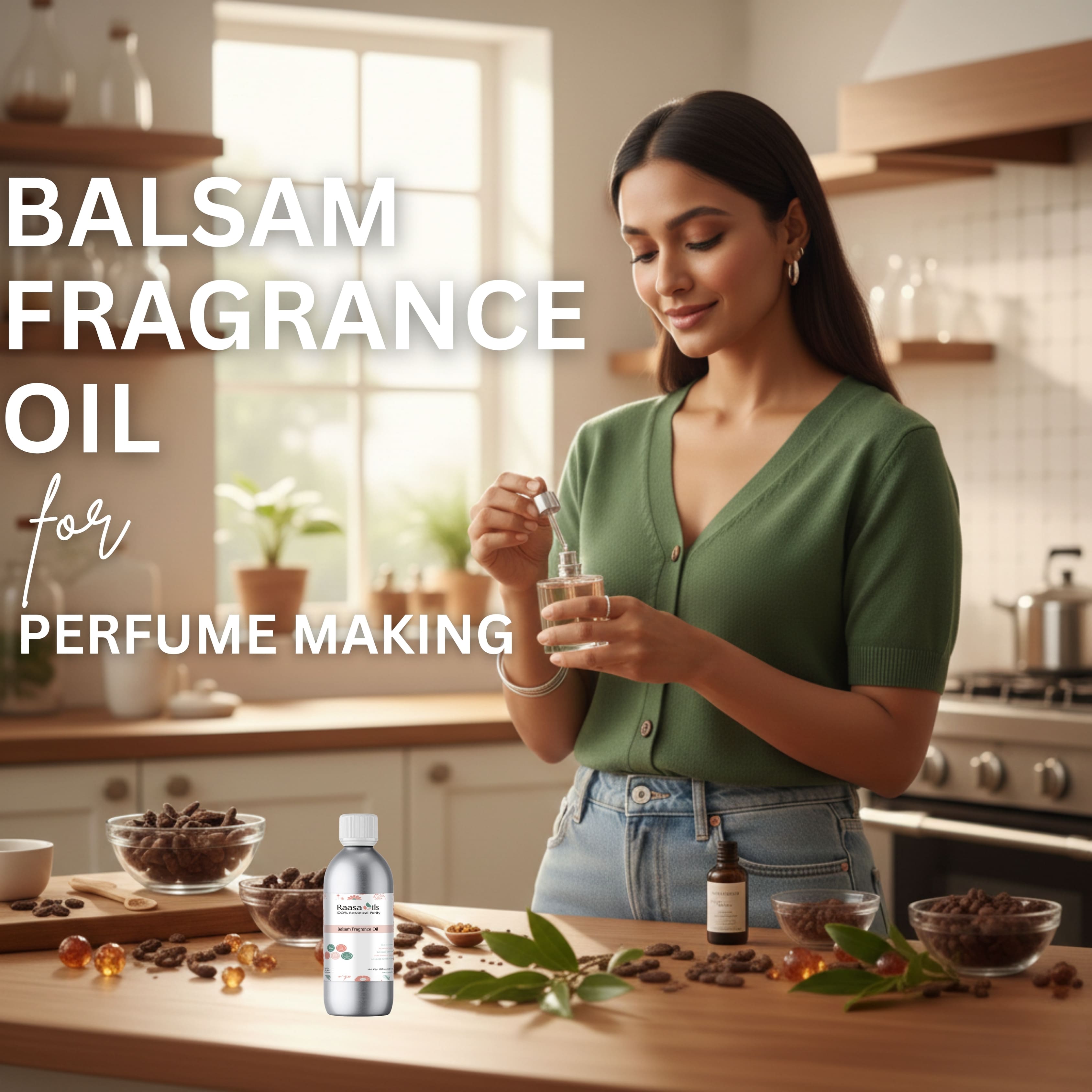 Woman in a kitchen holding a bottle of balsam fragrance oil with text overlay.