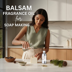 Woman making soap with balsam fragrance oil in a kitchen setting