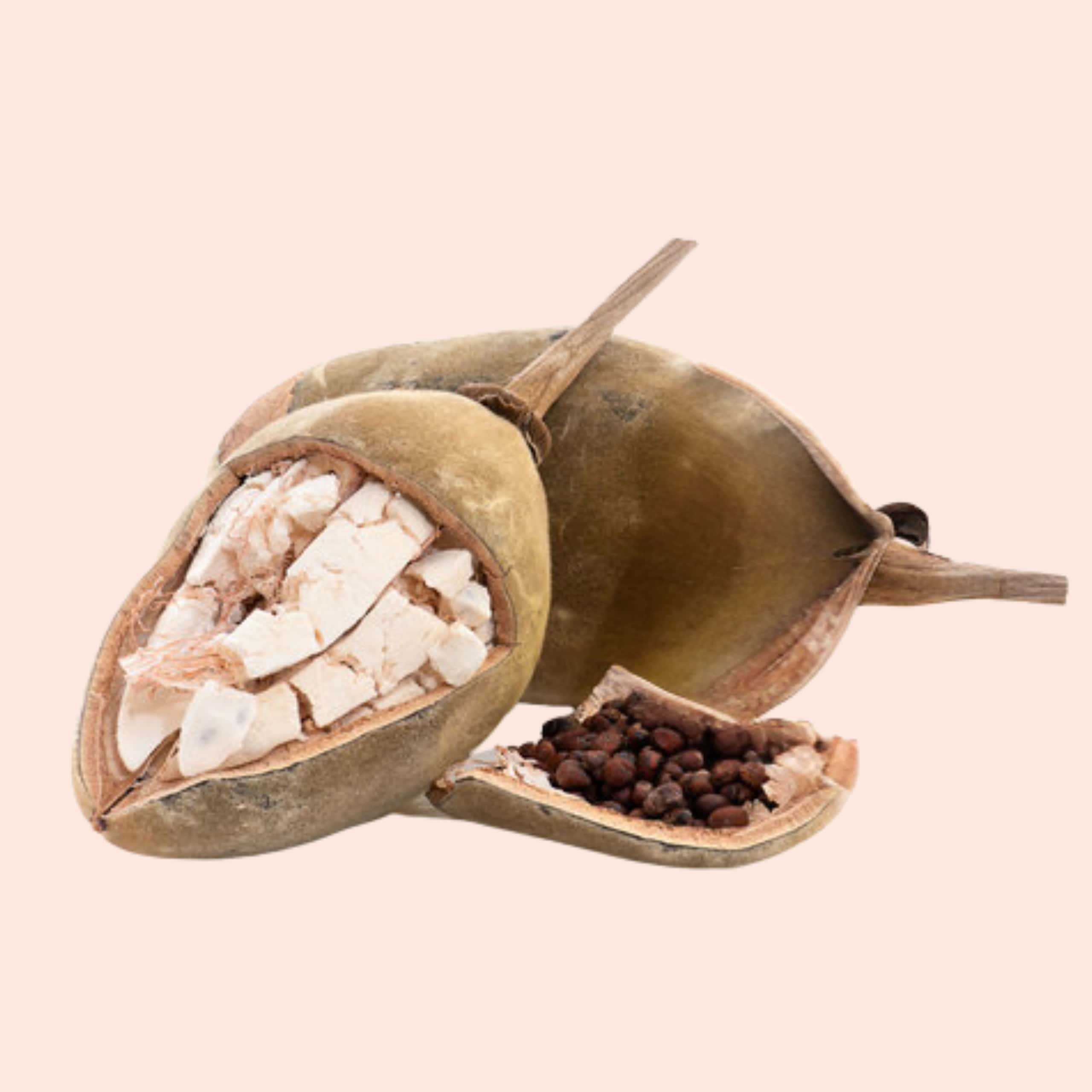 Split pod with white and brown seeds on a beige background