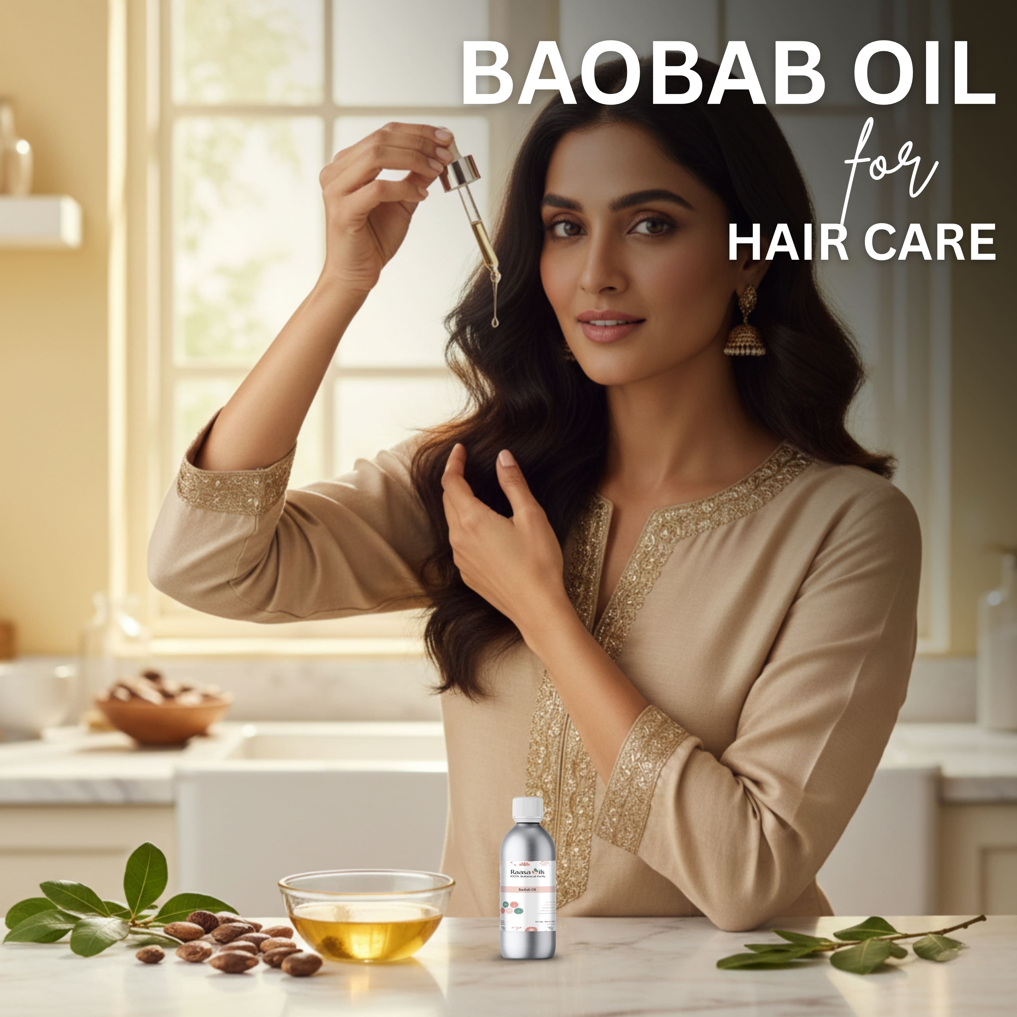 Woman holding a dropper with Baobab oil for hair care, surrounded by oil and seeds on a table.