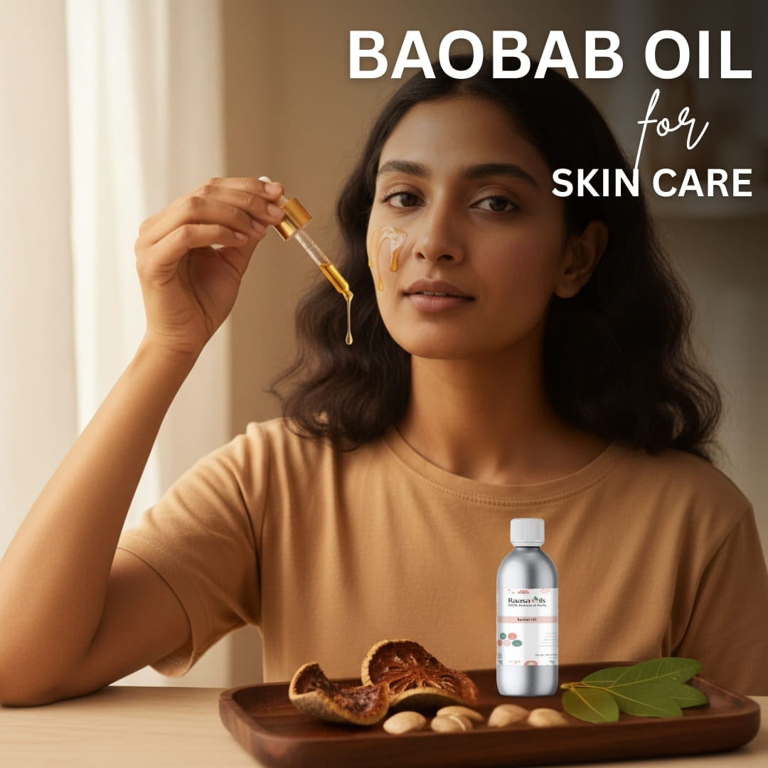 Woman holding a dropper with Baobab oil for skin care, next to a bottle of Baobab oil on a wooden tray.