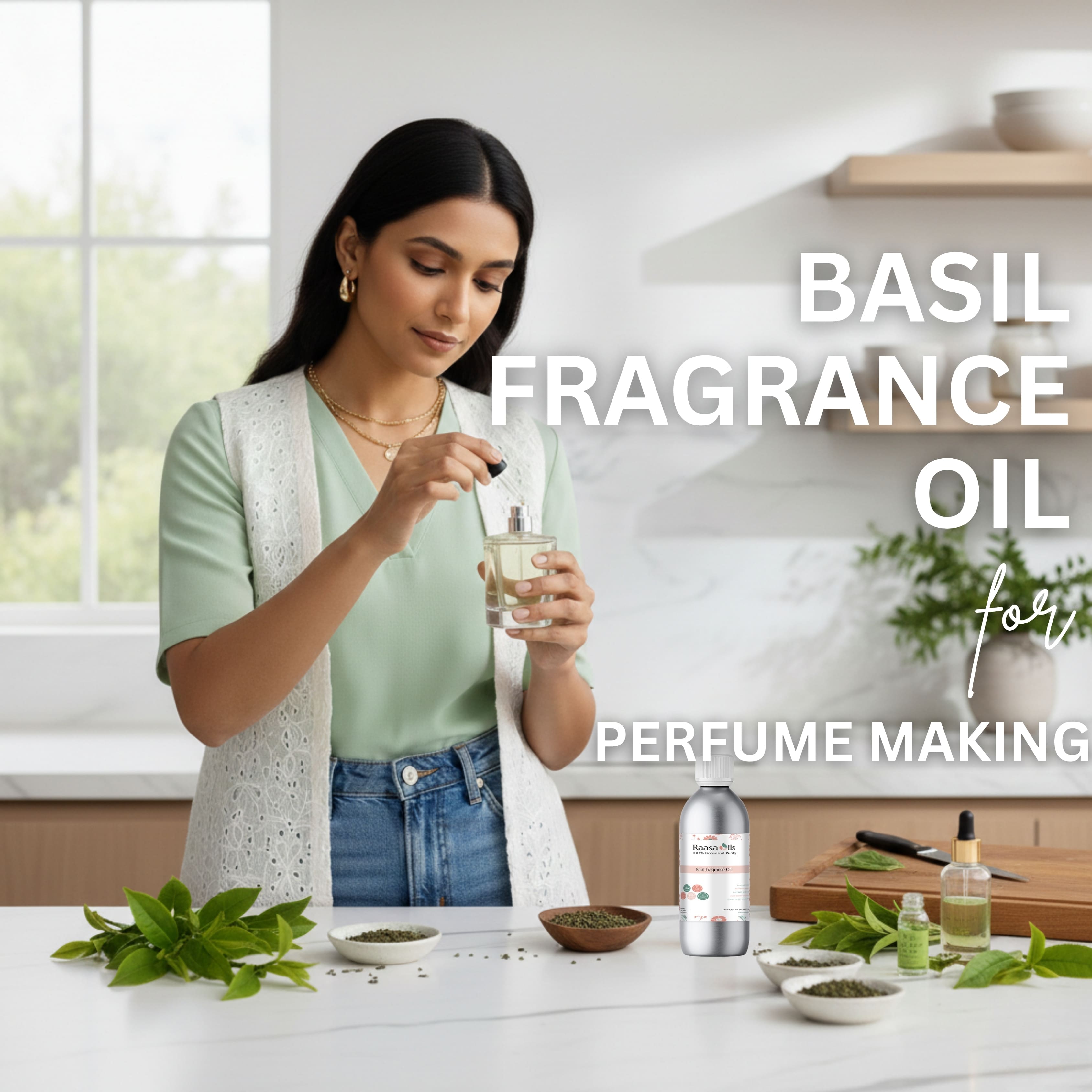 Woman preparing basil fragrance oil with ingredients on a table, text 'Basil Fragrance Oil for Perfume Making' displayed.