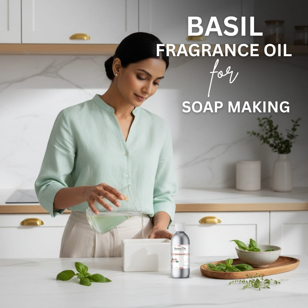Woman in a kitchen preparing basil fragrance oil for soap making