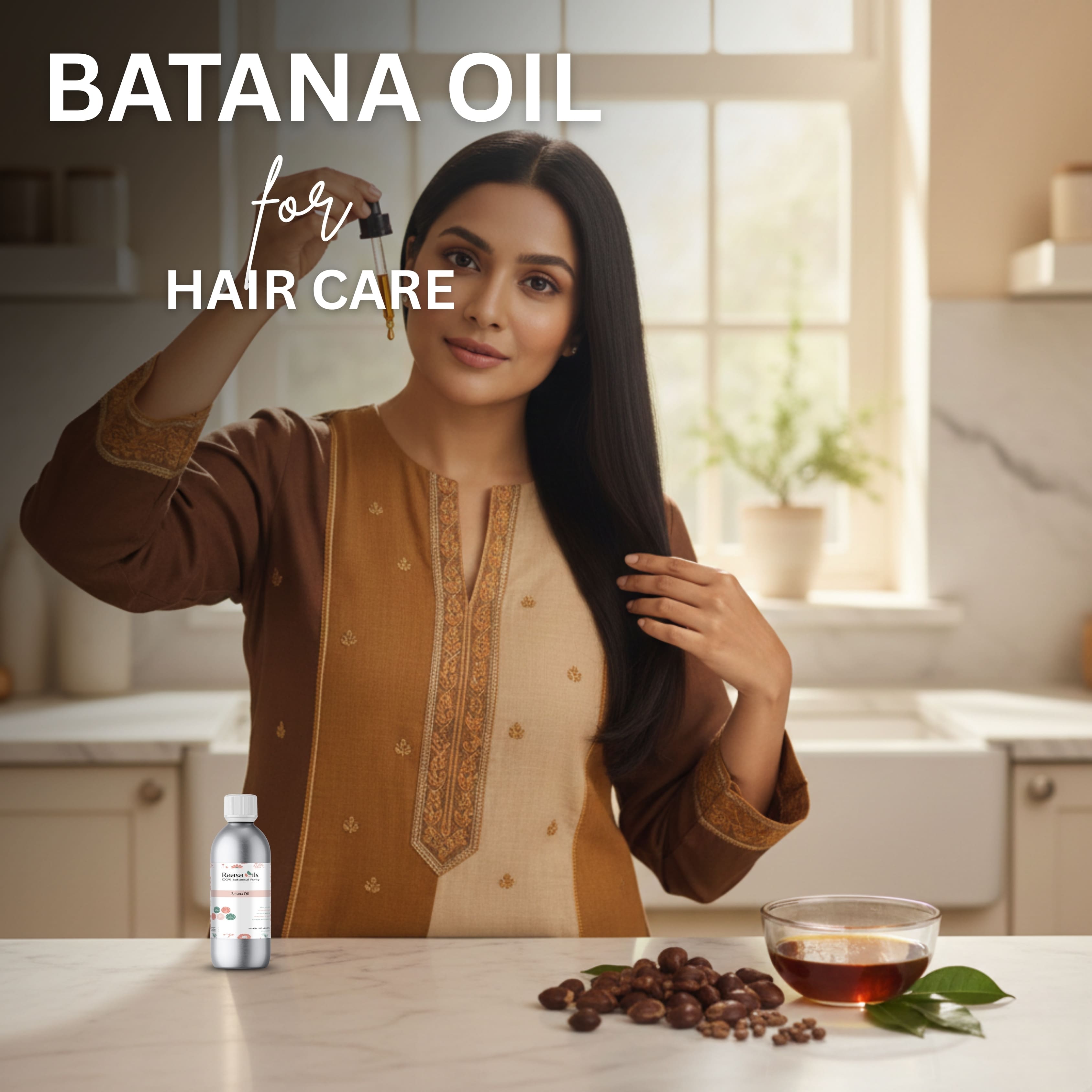 Woman with long hair holding a bottle of Batana Oil in a kitchen setting.